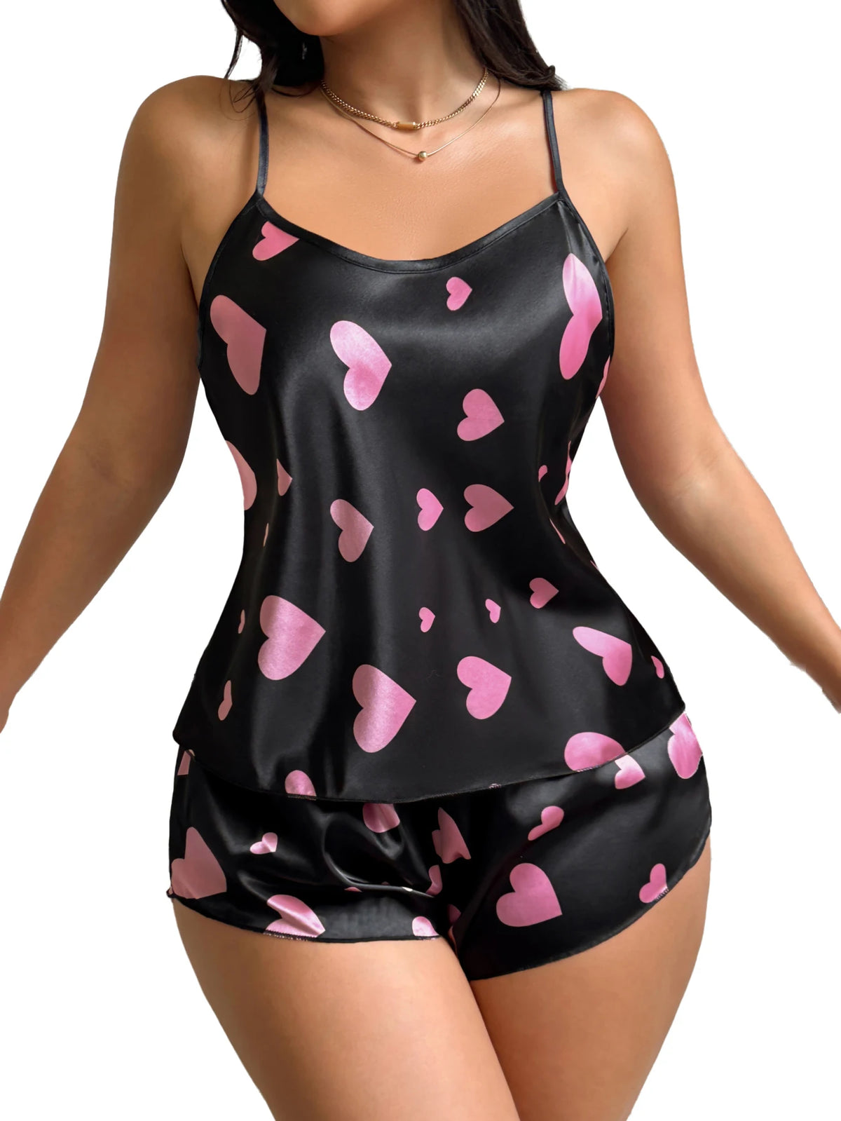 Summer Women Heart Print Satin Pajama Set Halter Round Neck Camisole Top Short Pants 2 Piece Casual Comfortable Ladies Sleepwear