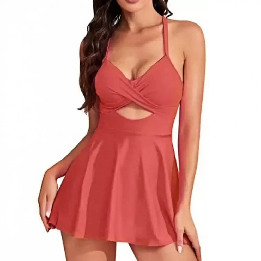 2Pcs/Set Swimming Briefs Set Women Swimsuit Set V-Neck Backless Swimwear Dress High Waist Quick Drying Beachwear