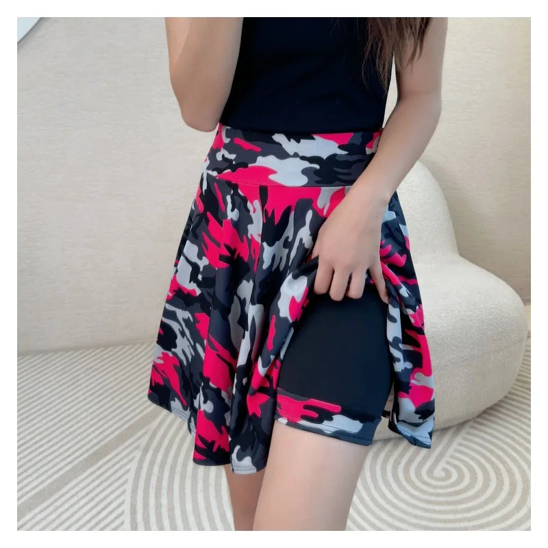 Women Flared Skirts Summer Basic Skirt Fashion Dancer Uniform Versatile Black Safety Pants Skirt Elastic Pleated Skirt Long 45CM