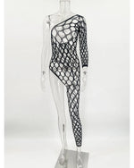 Toucheart Sexy Lingerie Women's Jumpsuit Shiny Diamond Fishing Net One-sleeved Leg Jumpsuit Sexy Hollow Out See-through Jumpsuit