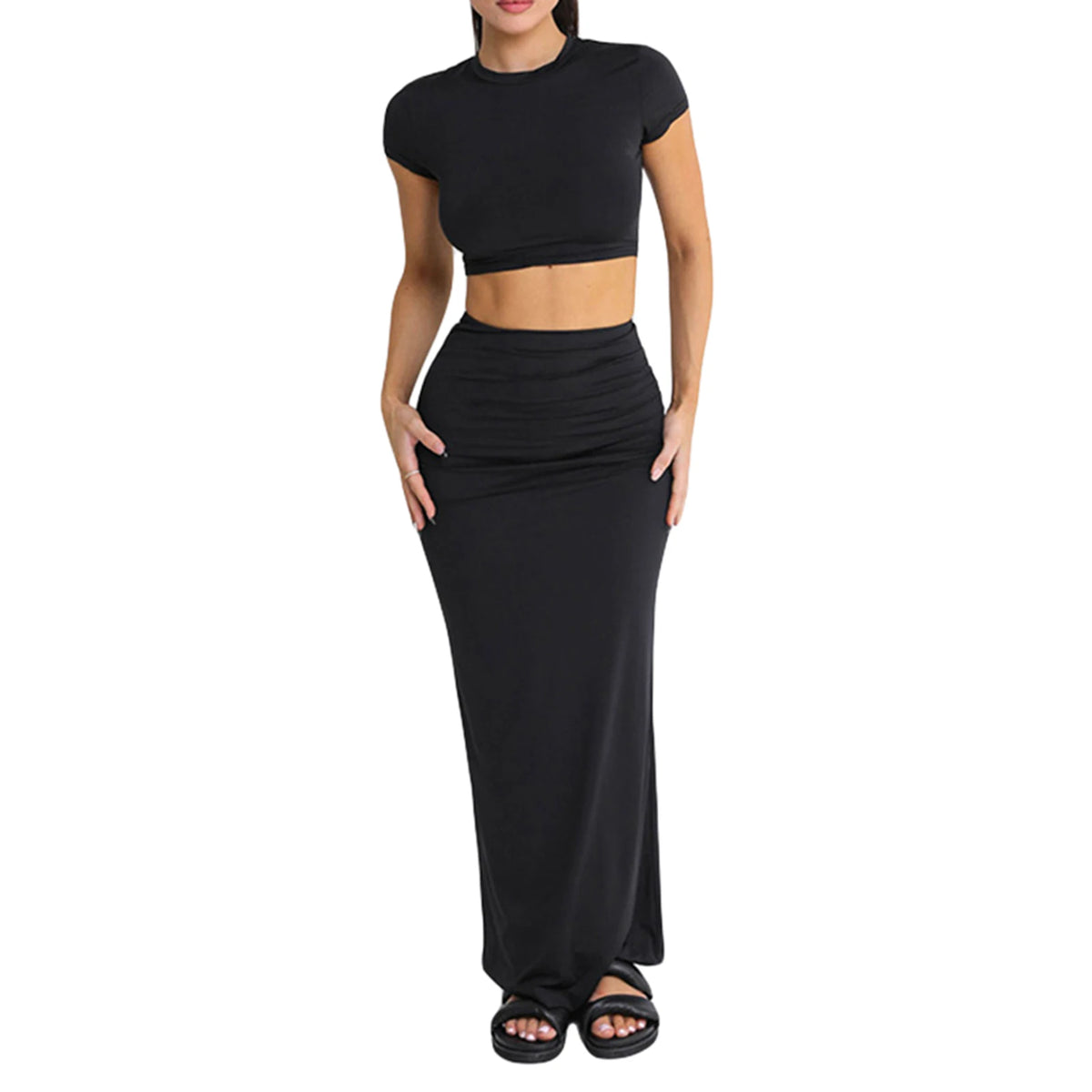 Women’s Two Piece Summer Outfits Solid Color Short Sleeve Solid Color Crop Tops and Long Skirt Set