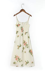 Spaghetti Strap Lace Up Beige Chiffon Summer Dress Sexy Slip Midi Sleeveless Dress Robe Big Flower Print Women Beach Dress Boho