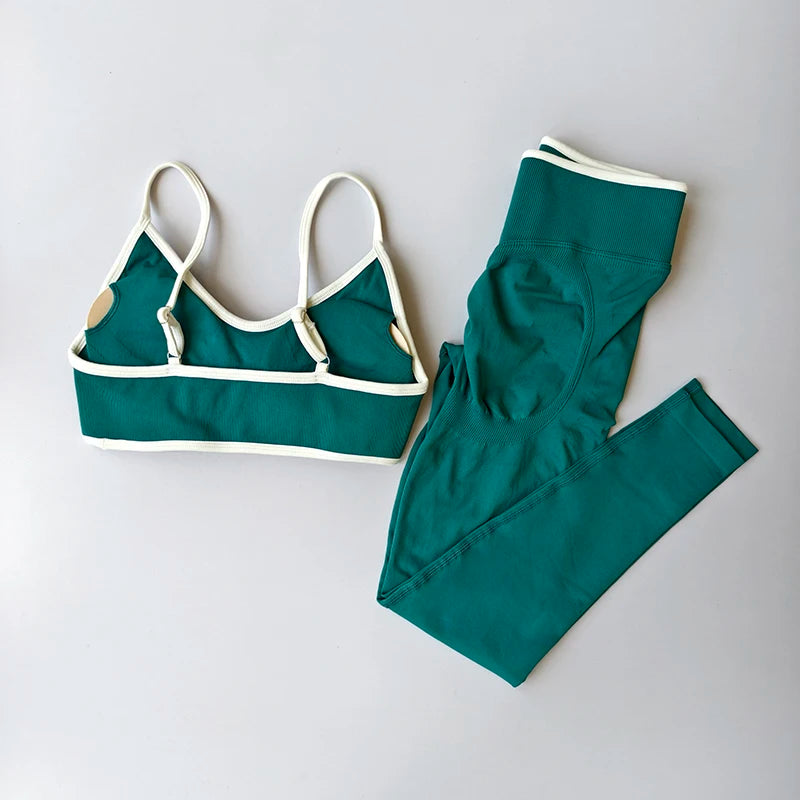2PCS High Waisted Sports Bra Set with Contrasting Small Suspender Tight Fitting Hip Lifting Training Bra And Pants