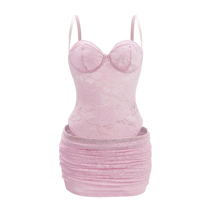 Sexy Women Pink Lace 2 Pieces Set Spaghetti Strap Bodysuit and Ruched Bodyon Mini Skirt Sweetheart Neck Club Party Daily Outwear