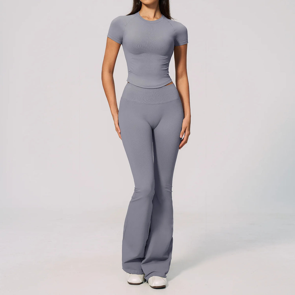 Seamless High Elasticity Yoga Sets Women Short Sleeve O Neck Sports T Shirts Workout Outfits Running Wide Leg Pants Fitness Suit