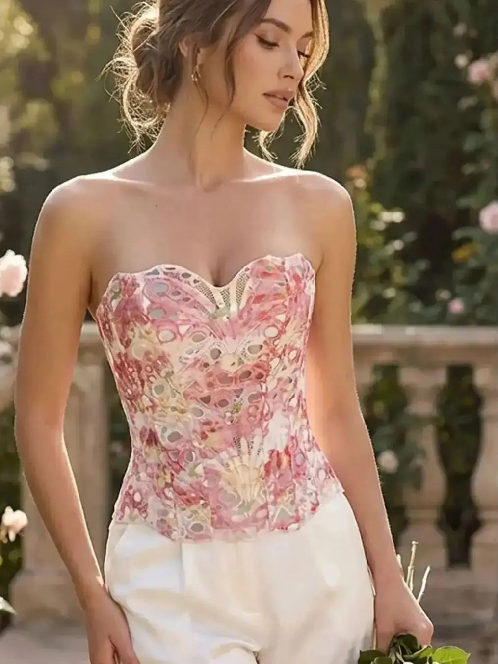 Women's floral print strapless shapewear, breathable mesh crop top with back tie, boning corset, tight-fitting bodysuit.