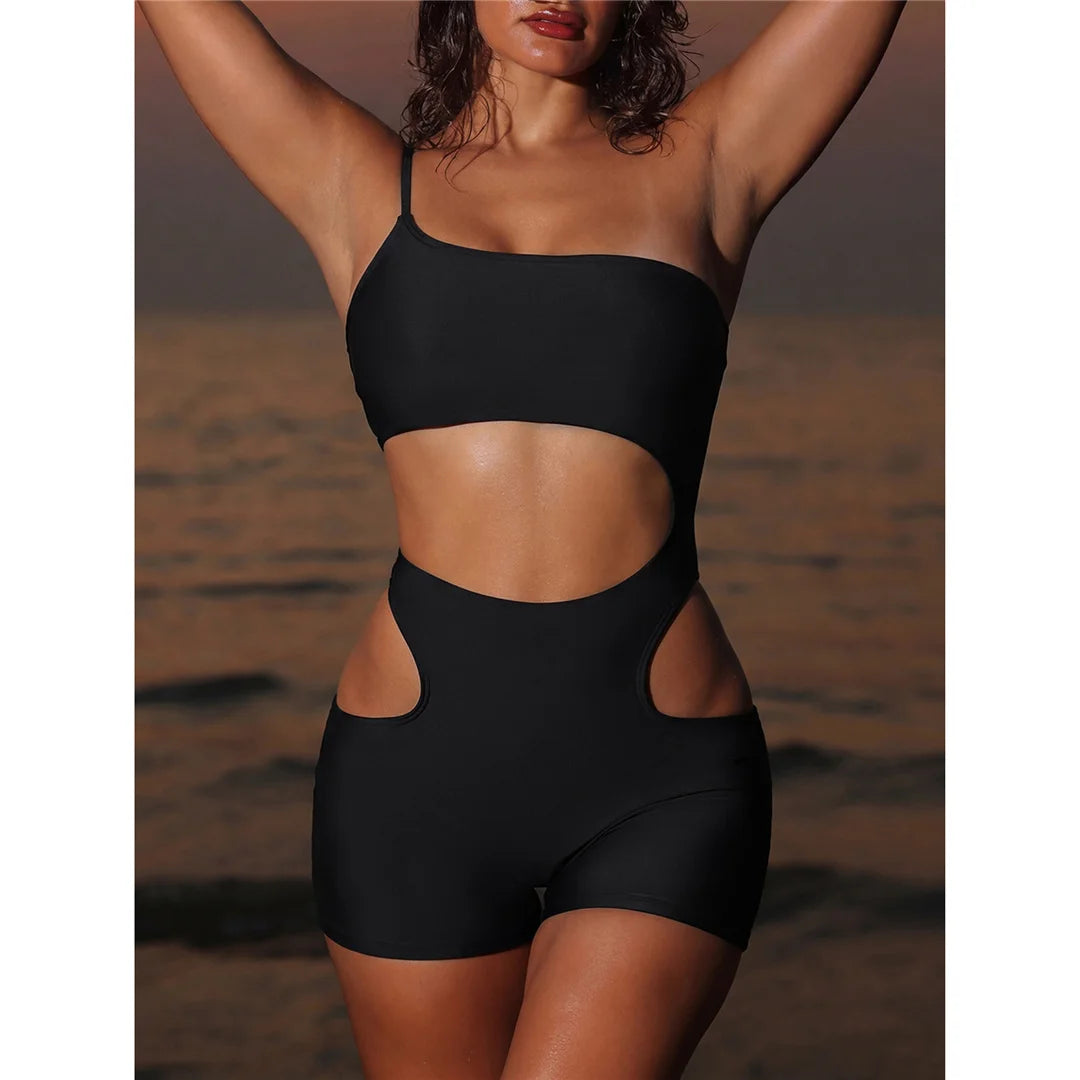 Asymmetric One Shoulder High Waist Shorts Cut Out Padded Bather Bathing Suit Swim One Piece Swimsuit Women Swimwear Female K8044