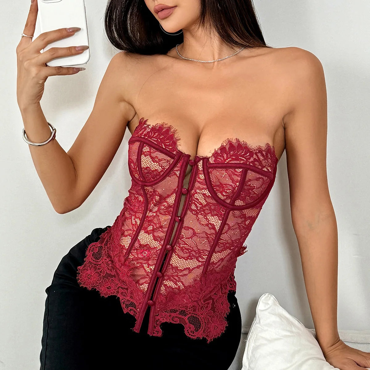 Y2K Street Tank Top Women Summer Lace Front Embroidery Floral Buttom Push Up Underwire Strapless Bandage Fishbone Vest