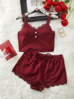 Summer Sleepwear Women Sexy Two Piece Pajama Set Ribbed Lace Trim Camisole Top and Shorts Lounge Nightwear Home Clothes