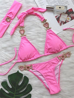 Sexy Rhinestones Bikini Set 2025 Women Red Pink Glitter Diamond Metal Chain Thong Swimwear Bathing Suit Band 3 Piece Swimsuit