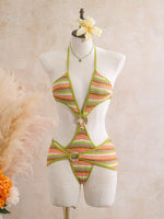 Sexy Black Stripe Knitted One Piece Swimwear Skirts Sets 2026 Women Metal Circle Hollow Out Backless Bathing Suit Thong Swimsuit