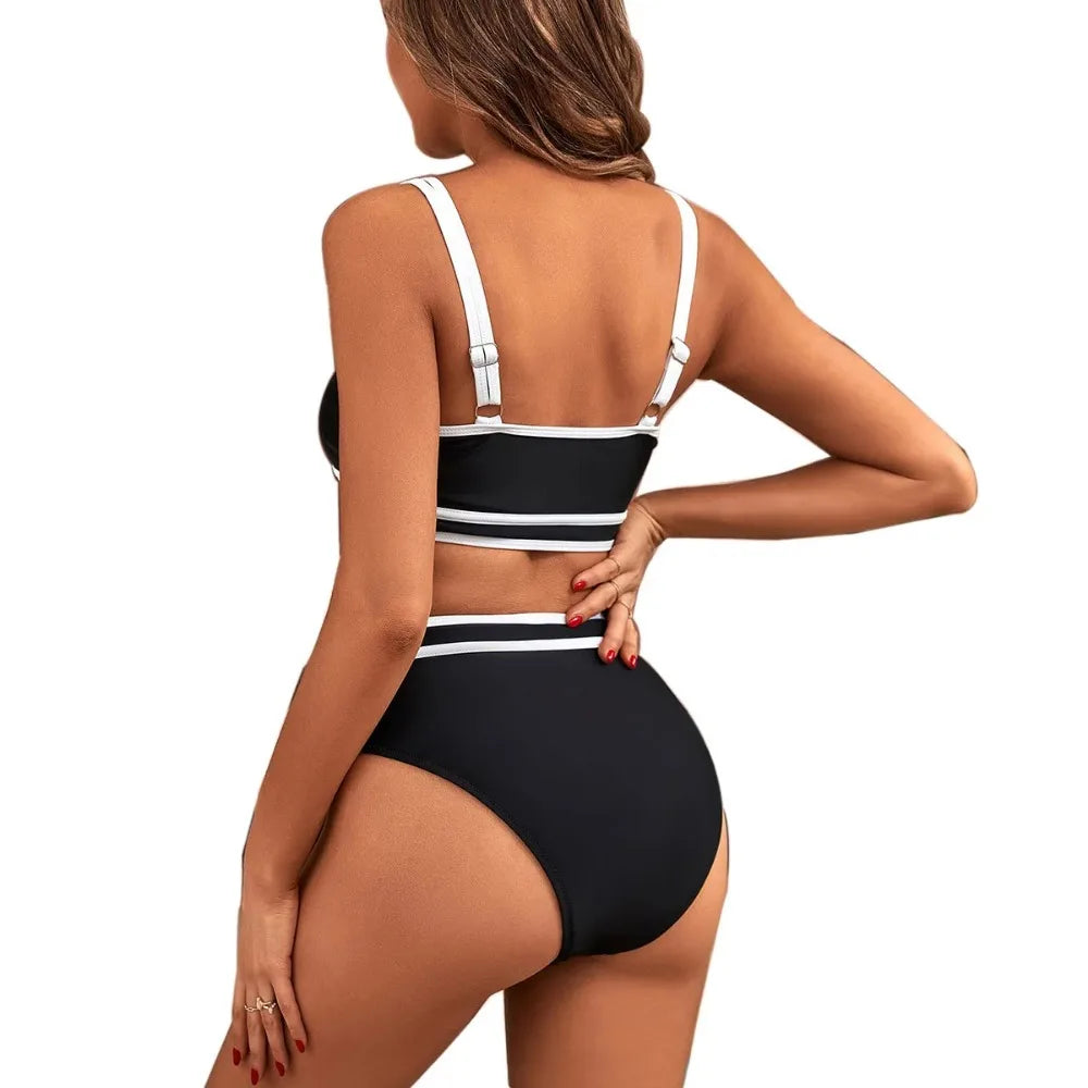 Women's High Waisted Bikini Sets 2026 Sporty Two Piece Swimsuits Color Block Cheeky High Cut Bathing Suits Summer Biquini Black