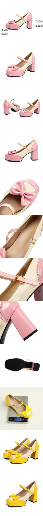 Plus Size 32-48 Sweet Lolita Patent Leather Mary Jane Shoes Women Gothic Square Toe Bow Tie Platform Chunky Heels Brogue Pumps