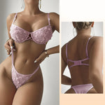 Women's 3D Floral Lace Lingerie Set Push Up Underwire Bra Panty Hollow Detail Sexy Blue Romantic Intimate Underwear Daily Wear