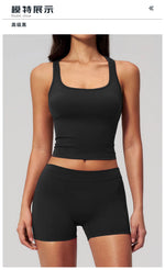 Gym Women Yoga Sets Women Brushed Square Neck Slim Sports Tank Top Fitness Suit Outwear Running High Waist Shorts Tracksuit