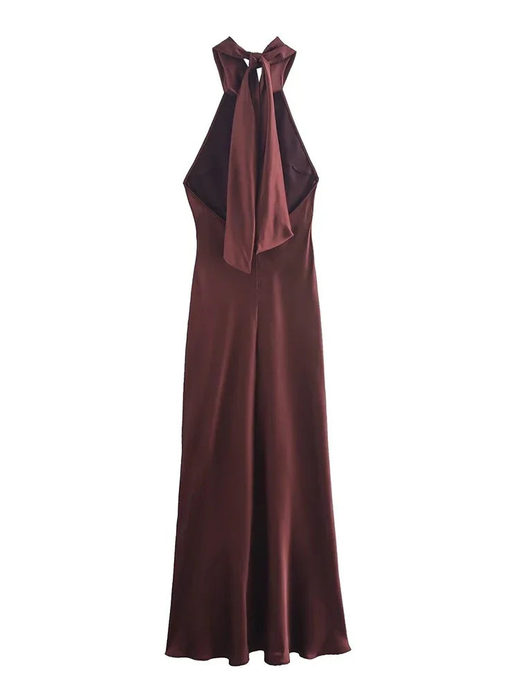 Foridol Halter Satin Dress Women Sexy Backless Burgundy summer spring Dress Elegant Maxi Long Party Dress Christmas Vestidos