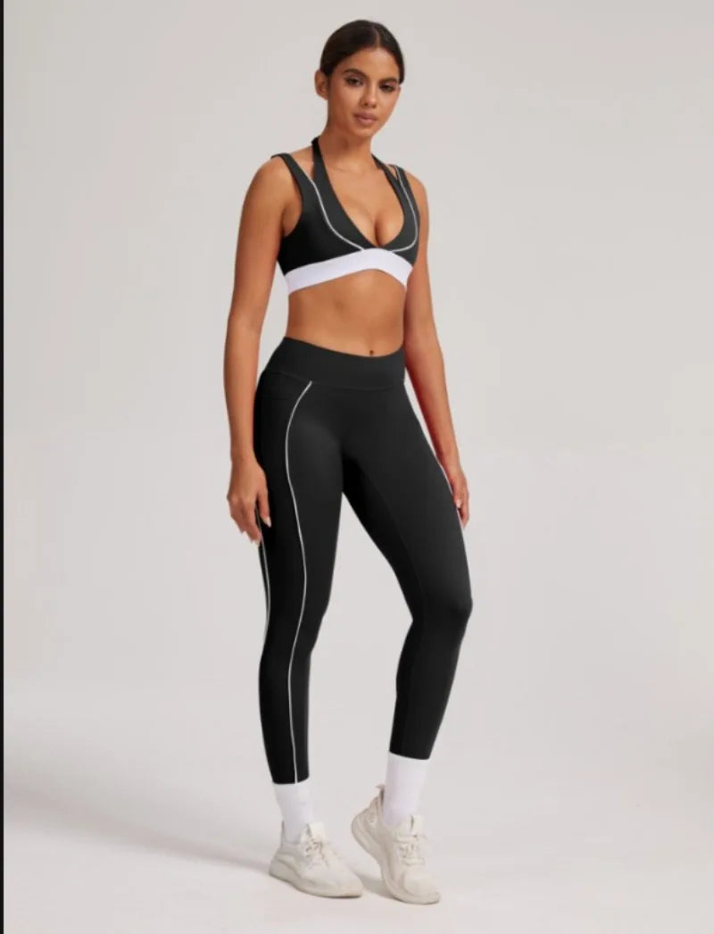 Women's Yoga Sets Sports Fitness V-Neck Halter Sports Bra Color-Block Hip-lifting Pants Suits Running Training Workout Gym Sets