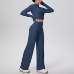 2 Pcs Women's Seamless Yoga Set Long-sleeved Wide-leg Pants Tracksuit Fitness Sports Set High-waisted Hip-lifting Slim-fit Suit