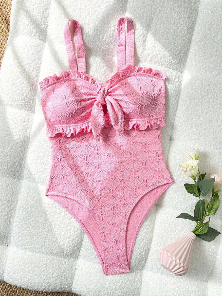S - XL Floral Print Strapless Ruffled Frill Female Swimwear One Piece Swimsuit Women Monokini Bow Knotted Bathing Suit Swim Lady