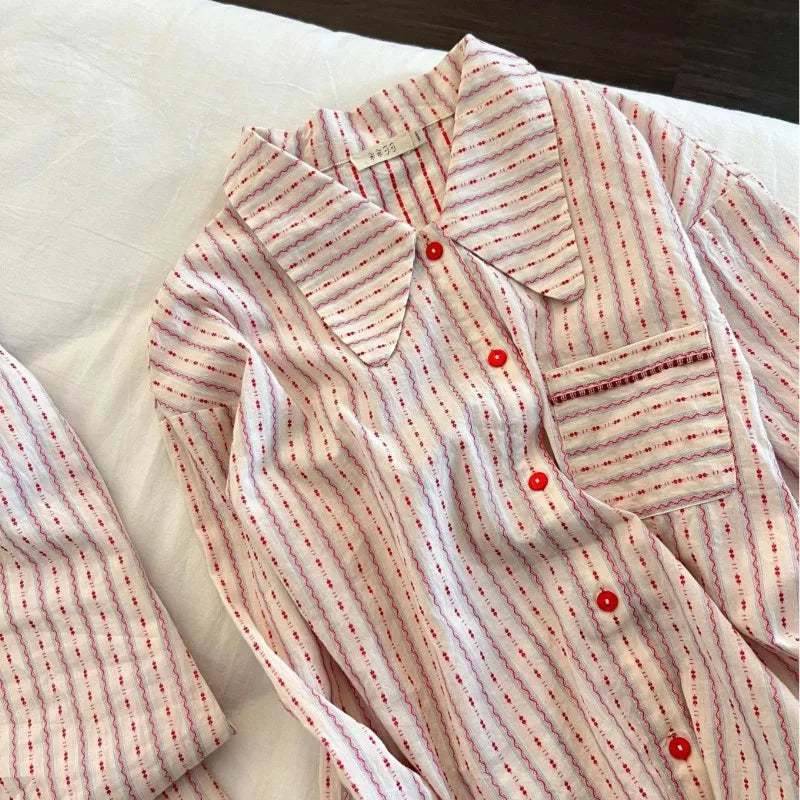 Female 2Pcs Pajamas Set Spring New Cotton Sleepwear Long Sleeve Trouser Suit Homewear Sweet Pink Striped Doll Collar Pijamas