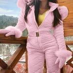 Women Winter Jumpsuit with Gloves Elastic Waist Thickened Padded Snowsuit Hooded Windproof Outdoor Ski Outfit Waterproof Jacket