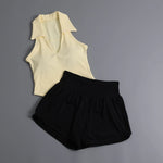Summer Women's Sports Sets Color Contrast Lapel Collar Sports T Shirts High Waist Pleate Shorts Gym Running Fitness Yoga Suit