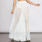 High Waist Pleated Lace Mesh Yarn Skirt Sexy Perspective Skirt Elastic Shiny Rhinestones Decor Maxi Skirt Nightclub Daily Wear
