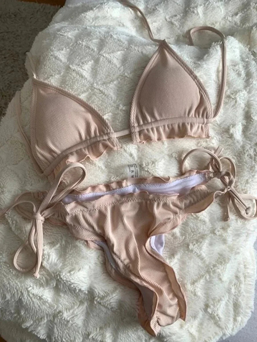 Halter String Ruffled Frilled Bikini 2026 Women Swimsuit Female Swimwear Two Pieces Bikini Set Padded Bather Bathing Suit Swim