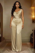Sexy Swing Collar Waisted Solid Satin Jumpsuit Fashion Commute Wide Leg Pants Romper Women Casual Sleeveless Pleat Long Playsuit