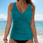 Women's Removable Padded Tankini Top V Neck Waist Defining Ruffled Separate Swimsuit Top Ruched Support Bathing Suit Swim Top