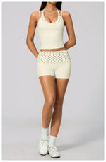 Quick Drying Polka Dot Patchwork Yoga Sets Women Hanging Neck Slim Shockproof Sports Tank Top Gym High Waist Shorts Fitnss Suit