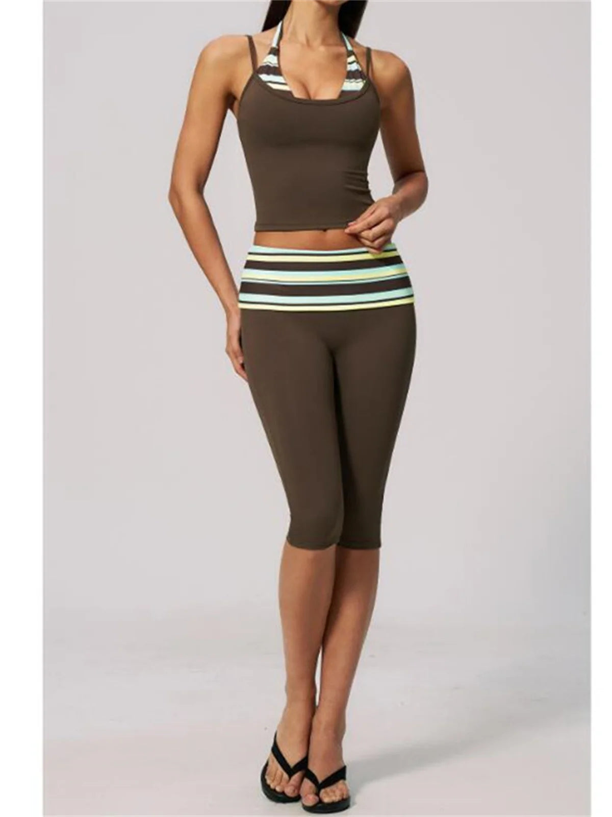 New Fake Two-piece Yoga Sets Women Striped Shock-absorbing Slim Sports Tank Top Fitness Suit Gym High Waist Mid Pants Tracksuit