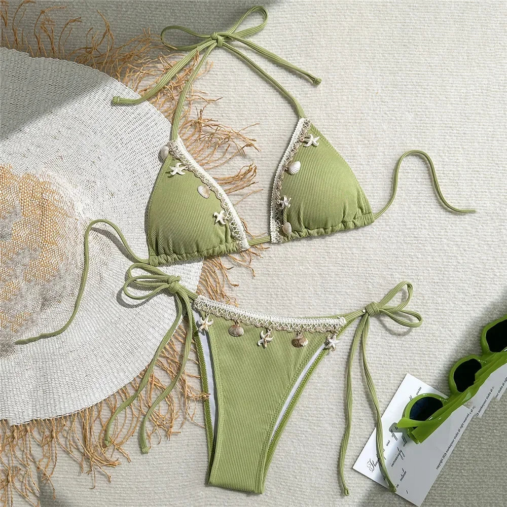Shell Decoration Swimwear String Halter Bikinis Sets Micro Thong Sexy Swimsuit Women 2026 Bathing Suit Purple Triangle Bikini