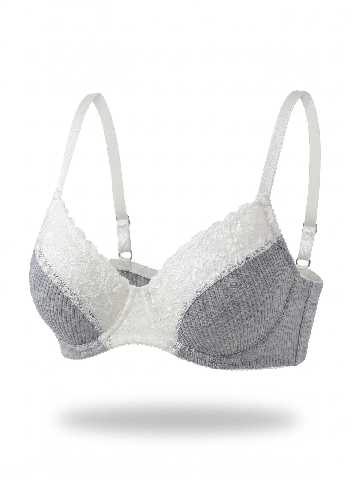 Ladies Bra Grey Ribbed Knit with White Lace Panel Sculpted Support Padded Bralette Smooth Comfort Women Lingerie MR3458