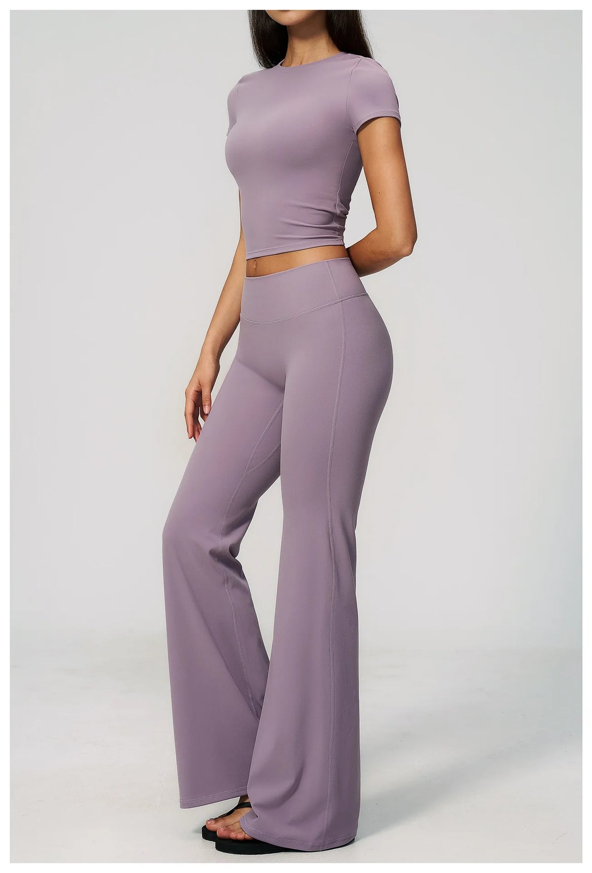 Creamy 2 Pieces Workout Suit Women Yoga Outfits Short Sleeve O Neck Slim Sports T Shirts High Waist Flare Pants Gym Fitness Sets