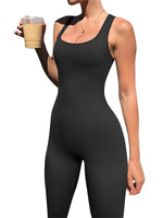 Women Sleeveless Jumpsuits Solid Color Ribbed Club Fitness Workout Overalls Streetwear Square Neck Bodycon Long Romper
