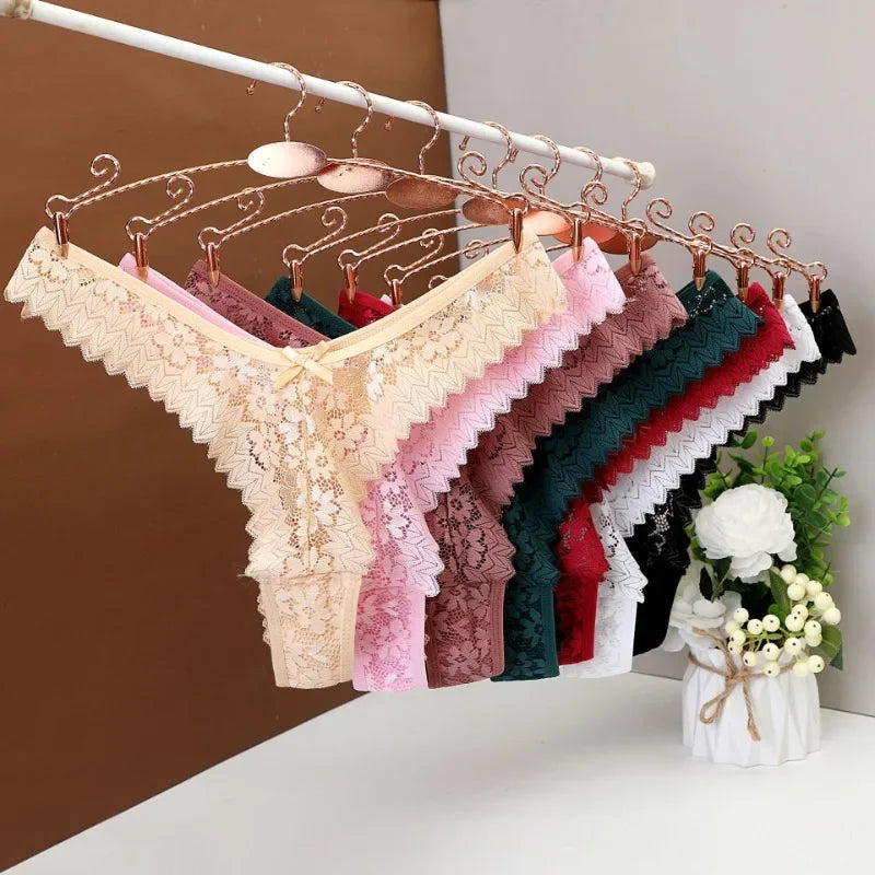 Women's Panties Sexy Lace T Back Woman G-String Solid Mid Waist Hollow Out Thong Transparent Underwear V-shape Girl Erotic Panty