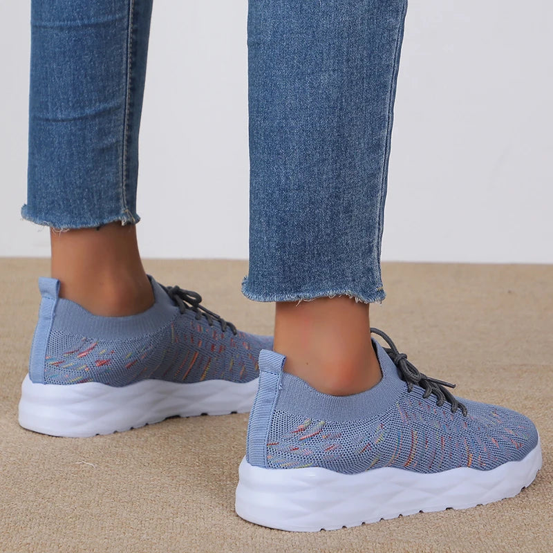 Mixed Color Knitted Platform Sneakers Women Spring Summer Casual Thick Sole Sports Shoes Woman Lace Up Non Slip Walking Shoes