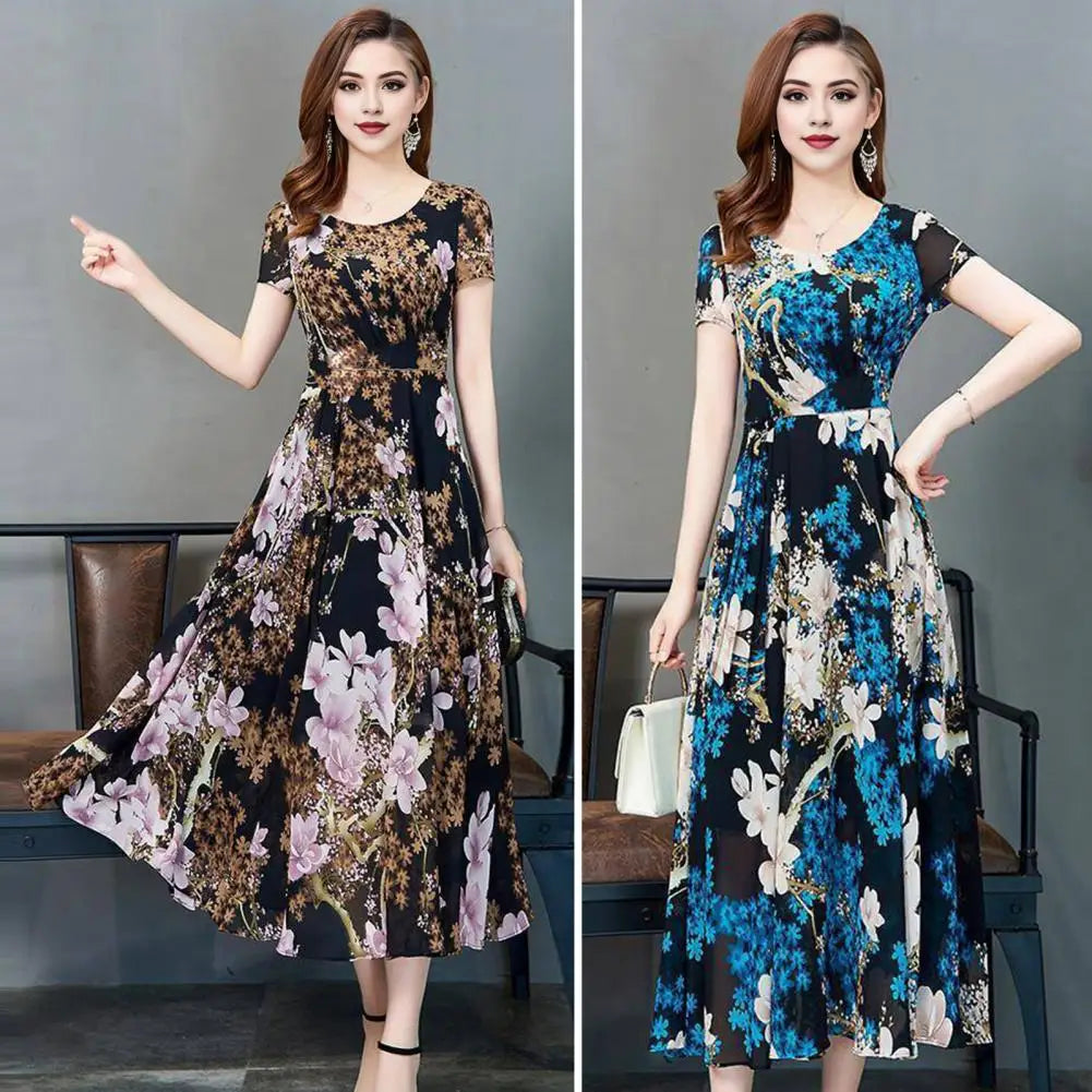 Summer Women Dress Floral Print A-line Big Hem High Waist Short Sleeves Round Neck Pleated Mid-calf Length Party Commute Dress