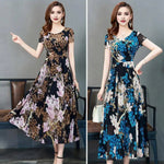 Summer Women Dress Floral Print A-line Big Hem High Waist Short Sleeves Round Neck Pleated Mid-calf Length Party Commute Dress