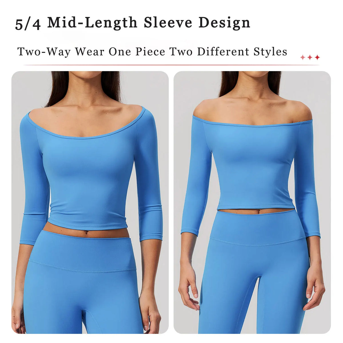 NCLAGEN Yoga Long Sleevetop Women Pilates Gym Clothes Quick Dry Cropped Compression 5/4 Sleeve Fitness Shirt Boat Neck Crop Top