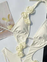 Sexy Pearls 3D Flower Deigner One Piece Swimsuit 2026 Women Beige Hollow Out Bandage Backless Bathing Suit Swimwear Monokini