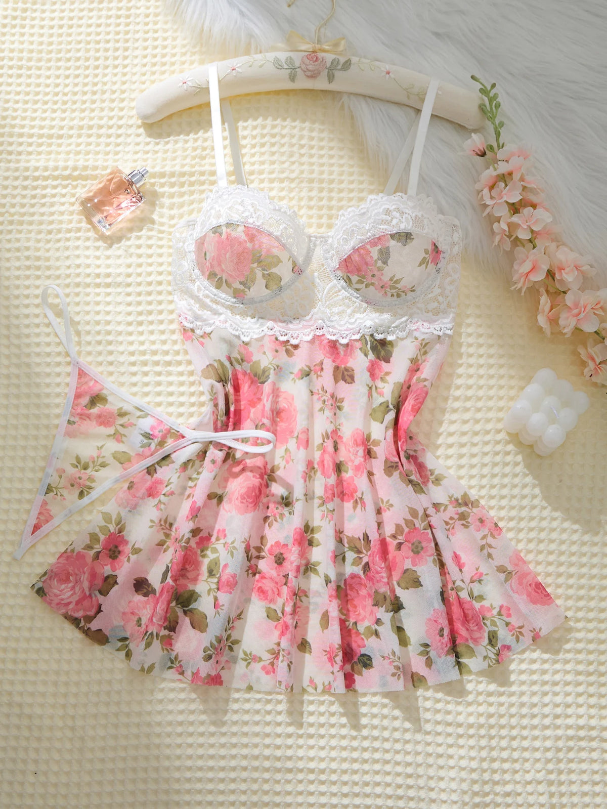 Ladies Pink Cute Floral Semi-Transparent Sleepwear with Lace Design Elegant Comfortable Girlhood Style Nightgown