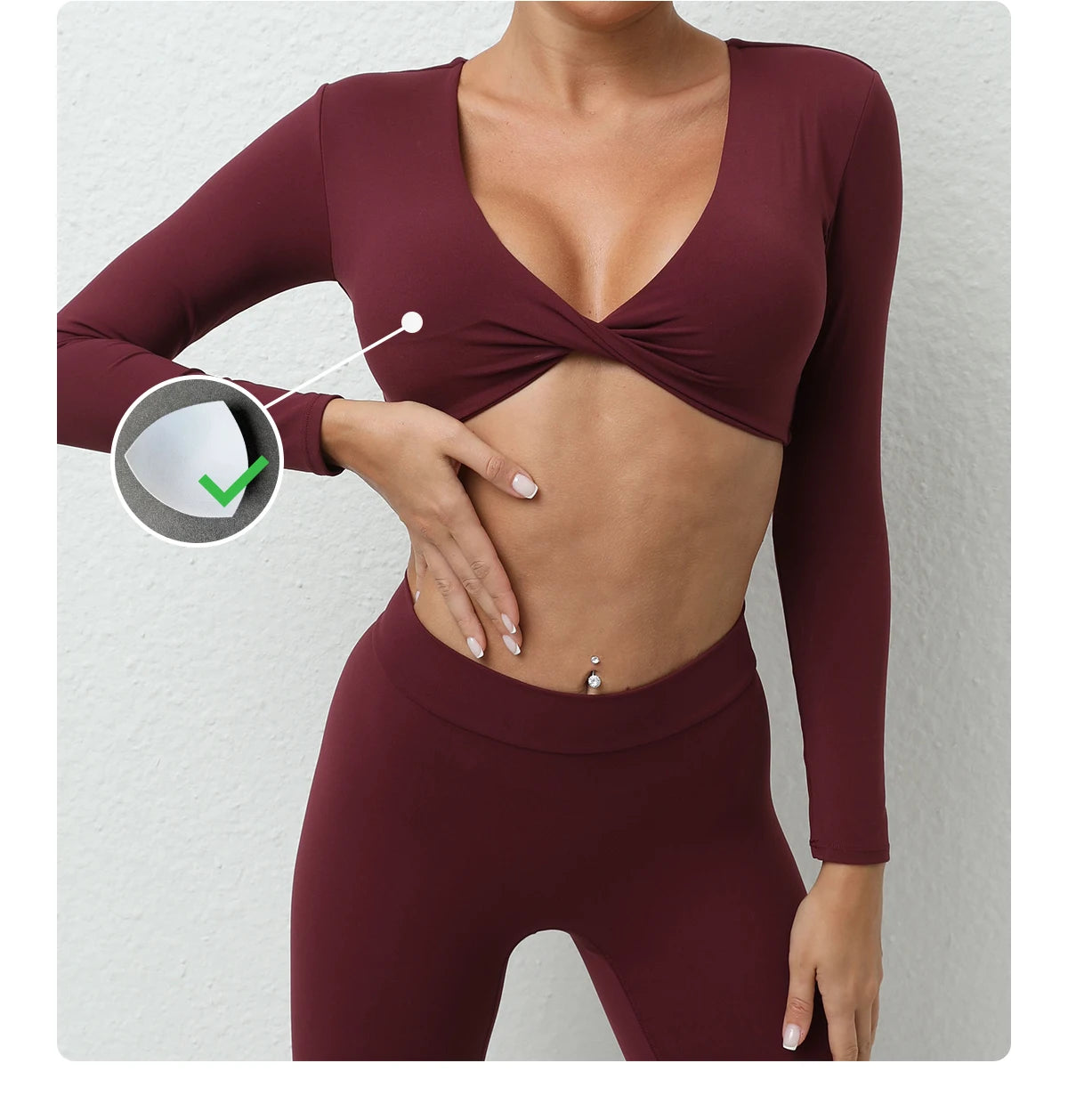 Long Sleeve Gym Crop Tops for Women Twist Deep V Workout Quick Dry Padded Sports Fitness Yoga T-Shirt