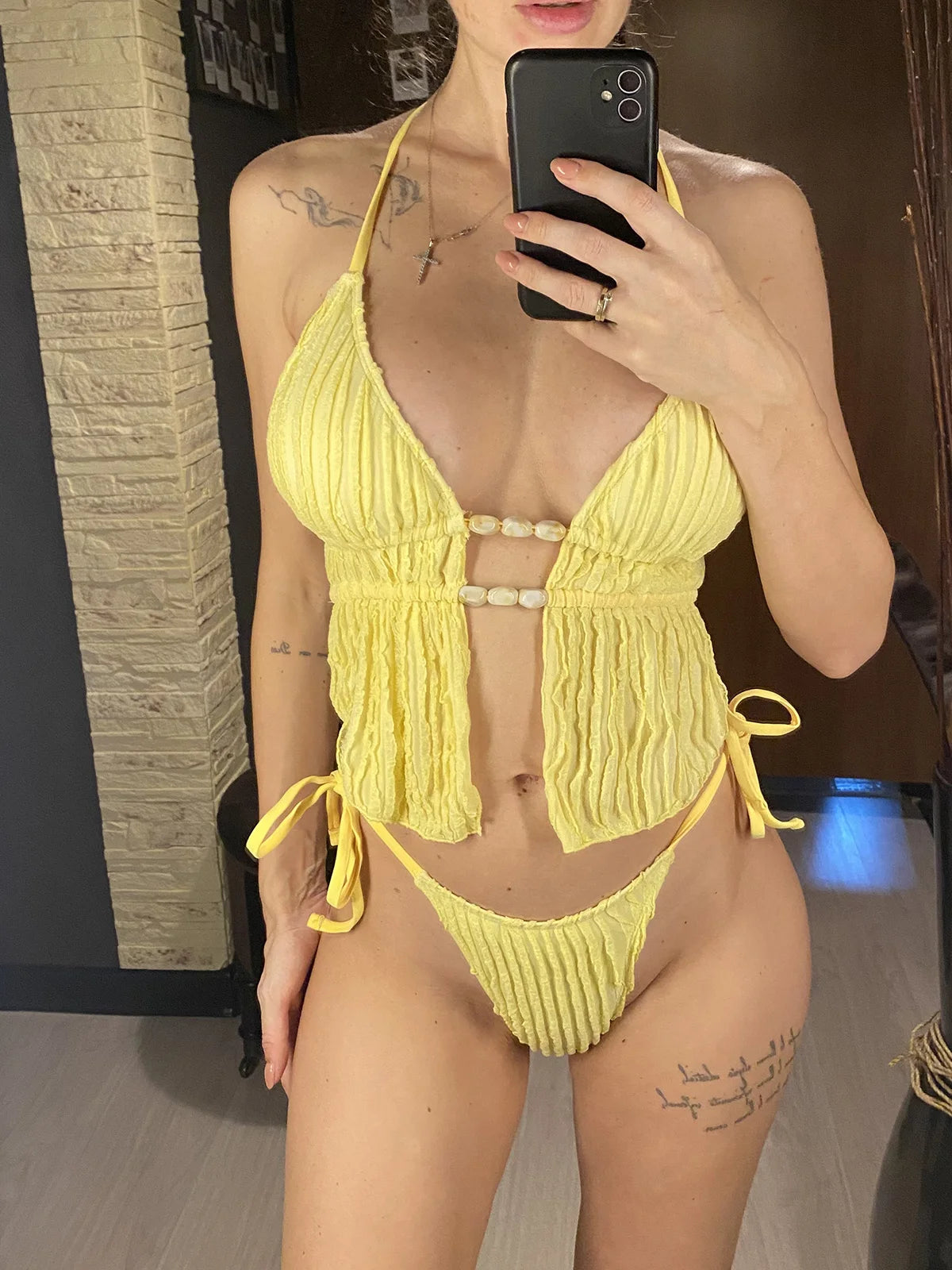 Wrinkled Tankini Halter Bikini Women Swimwear Female Swimsuit Two-Pieces Bikini Set High Cut Leg Bather Bathing Suit Swim V7154