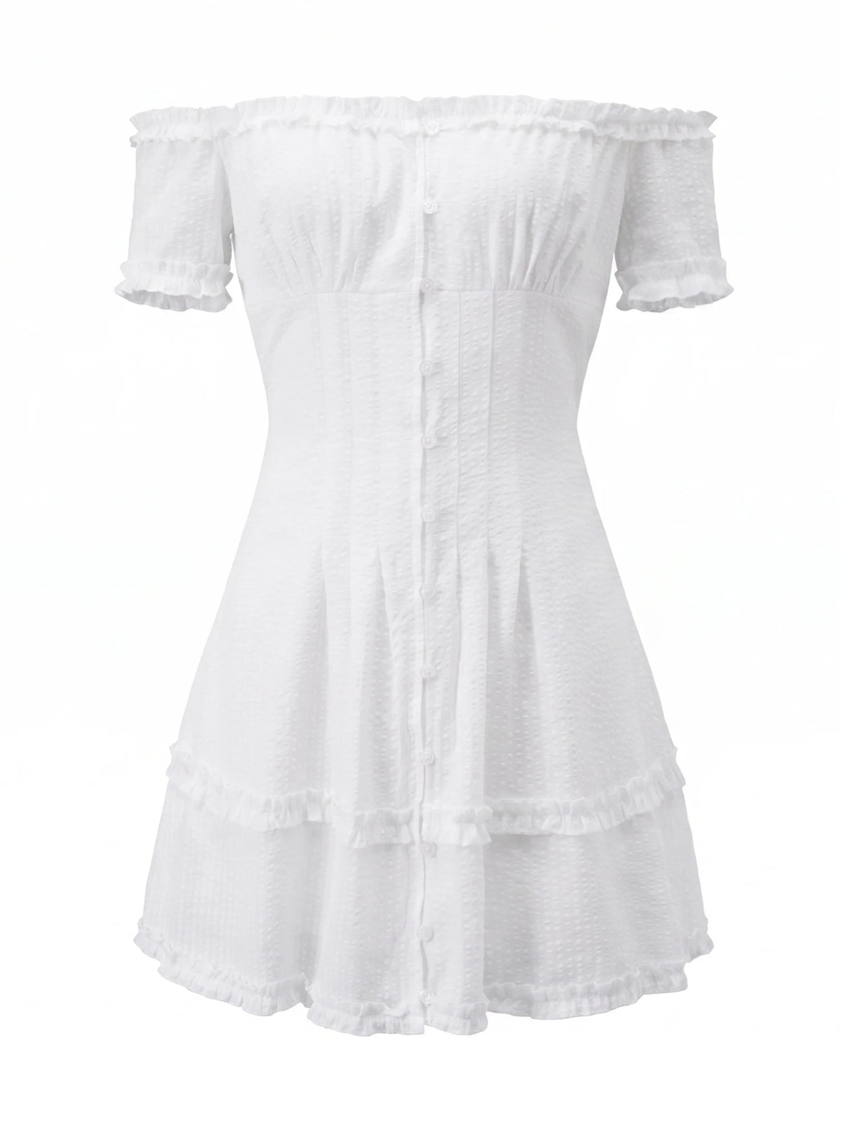 Women Summer White Dress Trim Off Shoulder Short Sleeve Button-up A-line Mini Dresses for Daily Office Party