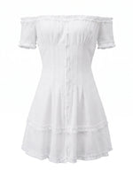 Women Summer White Dress Trim Off Shoulder Short Sleeve Button-up A-line Mini Dresses for Daily Office Party