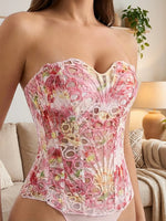 Women's floral print strapless shapewear, breathable mesh crop top with back tie, boning corset, tight-fitting bodysuit.