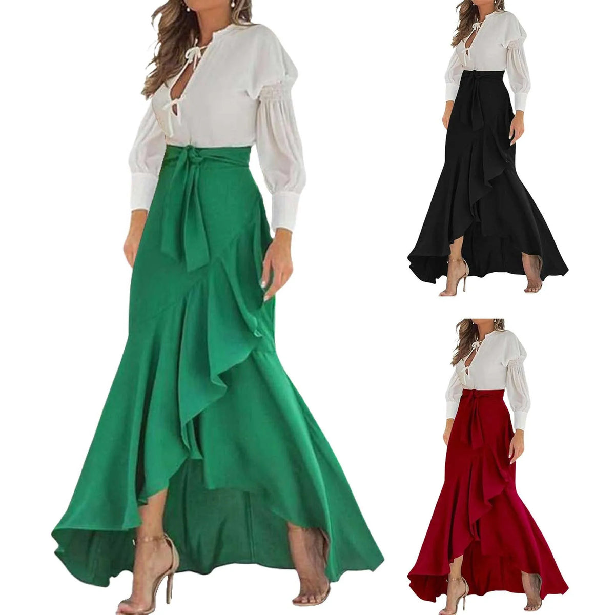Irregular Ruffle Hem Sexy Skirt For Women Elegant Summer Wrapped Hip Fishtail Skirt High Waistband Solid Color Flowy Skirt