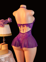 Adult Erotic Bodysuit Lace Hanging Collar Deep V-neck Semi Transparent Women Sexy Lingerie Crotchless Hot Underwear